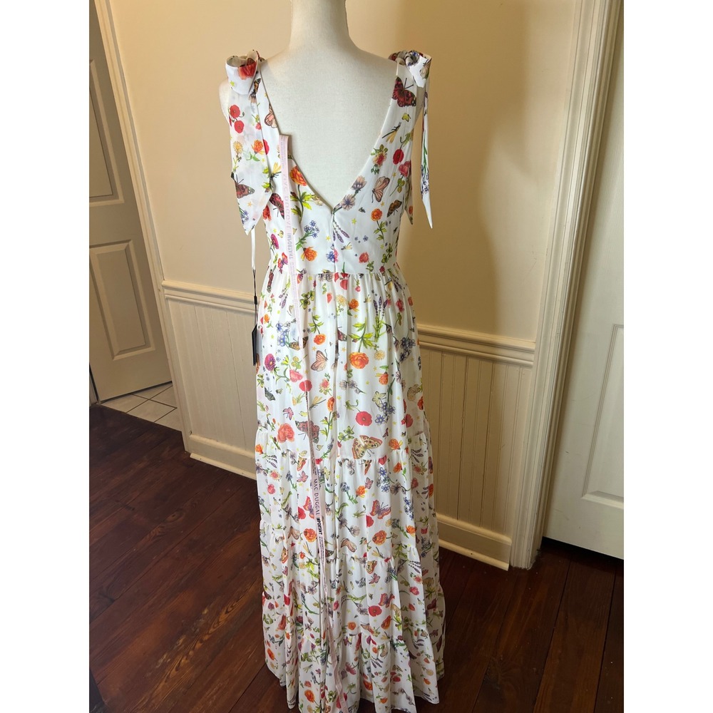 Mac Duggal Floral Butterfly Print Tiered Maxi Dress White V-Neck Tie Shoulder 4 - Picture 12 of 16
